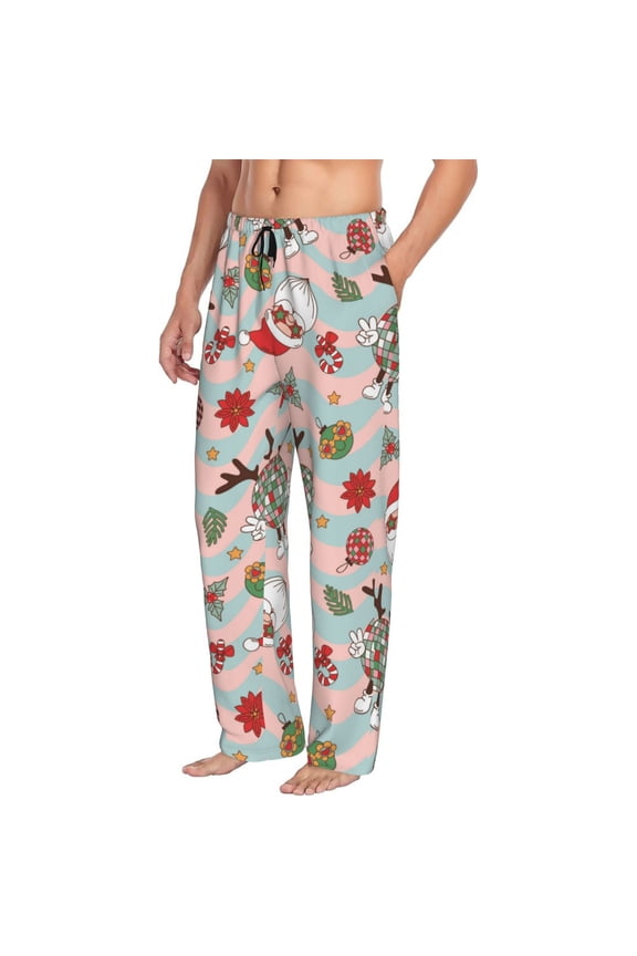 Mens Pajama Pants Bottoms with Pockets - Groovy Retro Santa Comfy Mens Pj Pants, Soft Men Lounge Pants