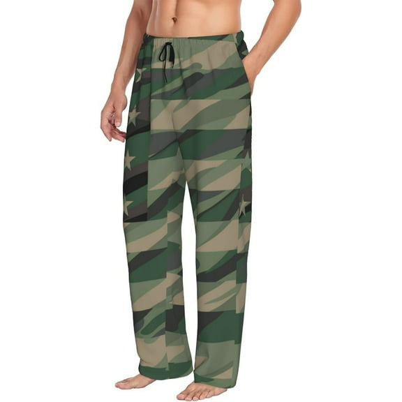 Mens Pajama Pants Bottoms with Pockets - Jungle Green Camo USA Flag Comfy Mens Pj Pants, Soft Men Lounge Pants