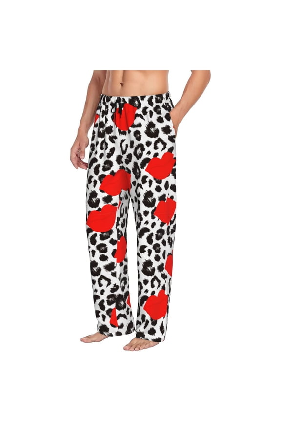 Mens Pajama Pants Bottoms with Pockets - Leopard red lips Comfy Mens Pj Pants, Soft Men Lounge Pants