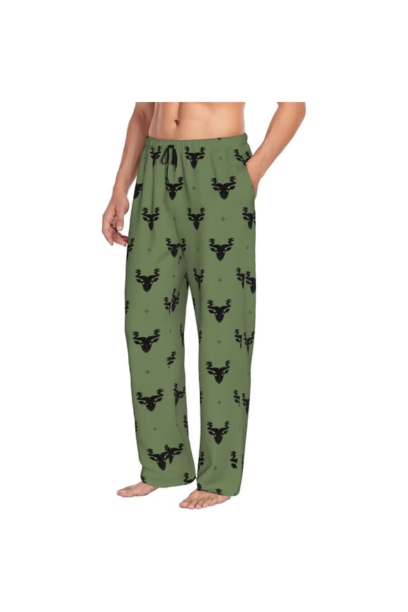Mens Pajama Pants Bottoms with Pockets - Magic Sheep Goat Head Black Green Comfy Mens Pj Pants, Soft Men Lounge Pants