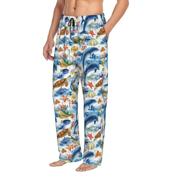Mens Pajama Pants Bottoms with Pockets - Marine Animals Comfy Mens Pj Pants, Soft Men Lounge Pants