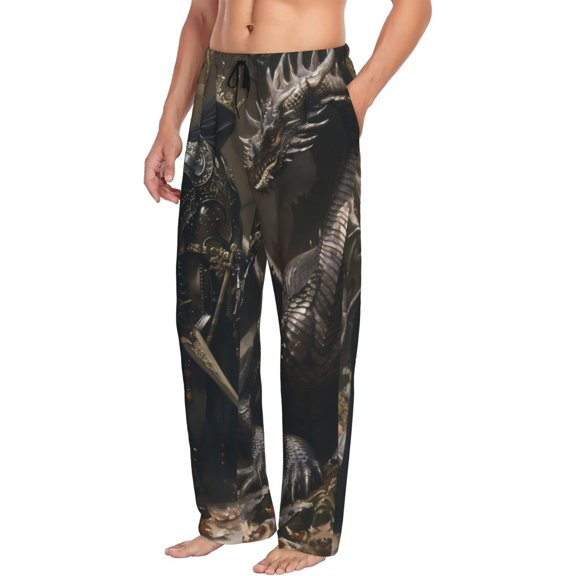 Mens Pajama Pants Bottoms with Pockets - Medieval Knight And Dragon Comfy Mens Pj Pants, Soft Men Lounge Pants