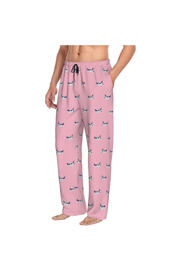 Mens Pajama Pants Bottoms with Pockets - Minimalist Cartoon Goat Skull Pink Comfy Mens Pj Pants, Soft Men Lounge Pants