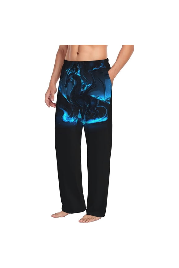 Mens Pajama Pants Bottoms with Pockets - Mystical Blue Dragon Glow Comfy Mens Pj Pants, Soft Men Lounge Pants