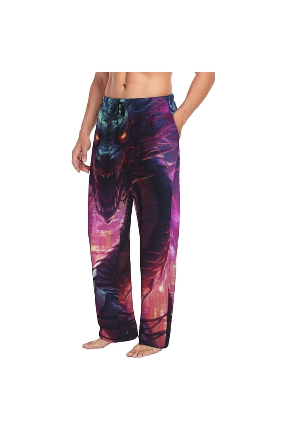 Mens Pajama Pants Bottoms with Pockets - Neon Futuristic Dragon Comfy Mens Pj Pants, Soft Men Lounge Pants