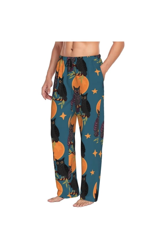 Mens Pajama Pants Bottoms with Pockets - Owls In Cartoon Style Comfy Mens Pj Pants, Soft Men Lounge Pants
