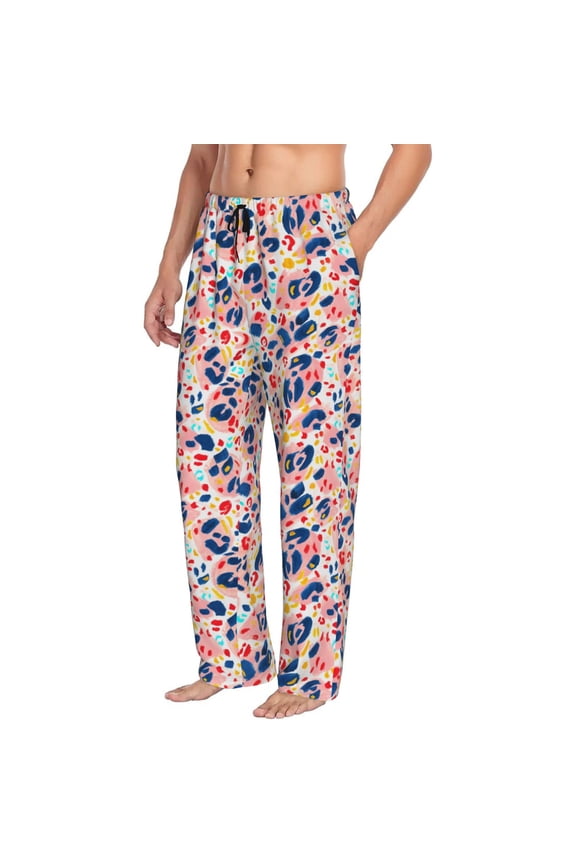 Mens Pajama Pants Bottoms with Pockets - Painted Abstract Leopard Print Comfy Mens Pj Pants, Soft Men Lounge Pants