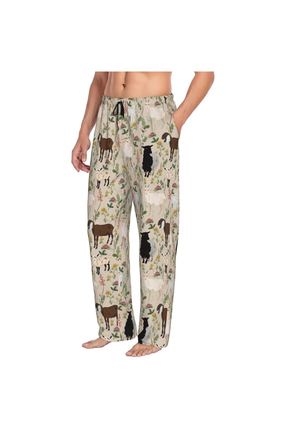 Mens Pajama Pants Bottoms with Pockets - Painted Cute Goat Flower Comfy Mens Pj Pants, Soft Men Lounge Pants