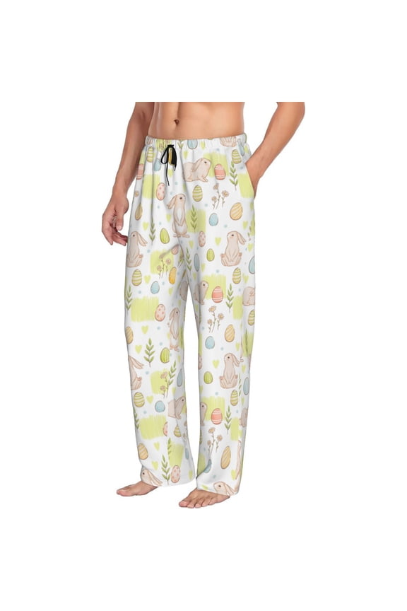Mens Pajama Pants Bottoms with Pockets - Painted Cute Rabbit Flower Eggs Comfy Mens Pj Pants, Soft Men Lounge Pants