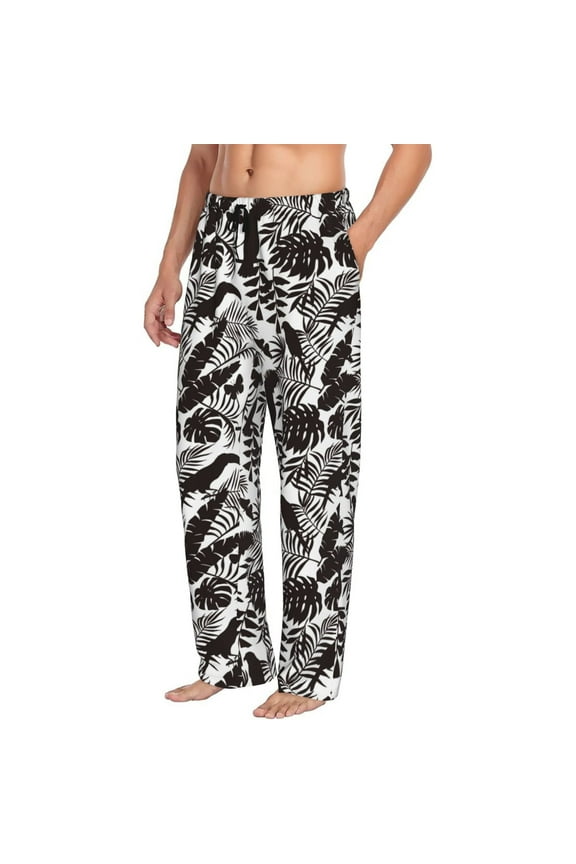 Mens Pajama Pants Bottoms with Pockets - Parrot leaves shadow Comfy Mens Pj Pants, Soft Men Lounge Pants