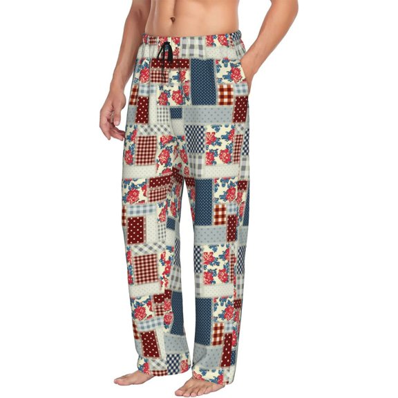 Mens Pajama Pants Bottoms with Pockets - Patchwork In Country Style Comfy Mens Pj Pants, Soft Men Lounge Pants