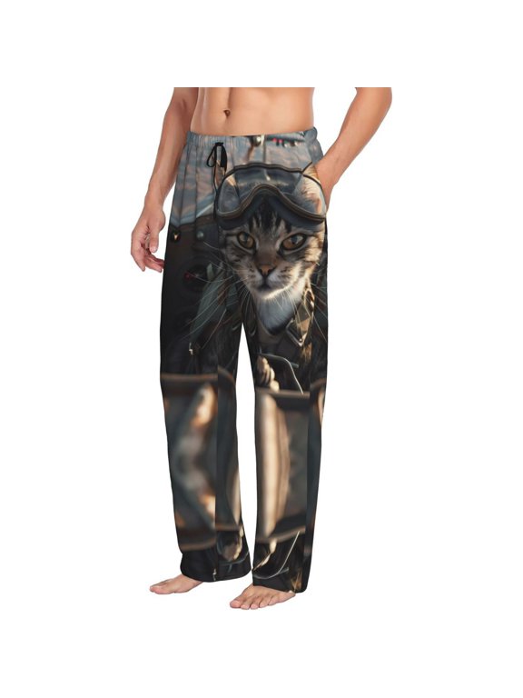 Mens Pajama Pants Bottoms with Pockets - Pilot Cat In Vintage Plane Comfy Mens Pj Pants, Soft Men Lounge Pants