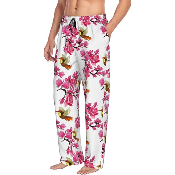 Mens Pajama Pants Bottoms with Pockets - Pink Magnolia Hummingbird Comfy Mens Pj Pants, Soft Men Lounge Pants