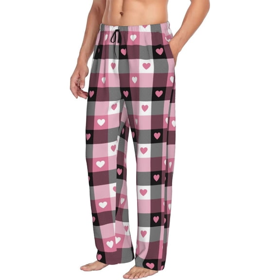 Mens Pajama Pants Bottoms with Pockets - Pink heart plaid Comfy Mens Pj Pants, Soft Men Lounge Pants