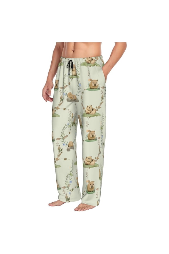 Mens Pajama Pants Bottoms with Pockets - Plant Capybara Print Comfy Mens Pj Pants, Soft Men Lounge Pants