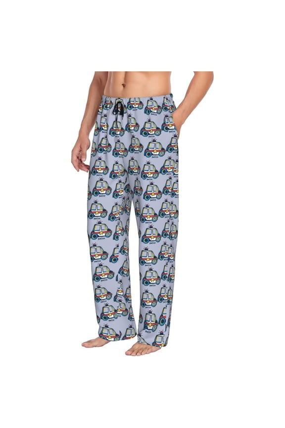 Mens Pajama Pants Bottoms with Pockets - Police Car Comfy Mens Pj Pants, Soft Men Lounge Pants