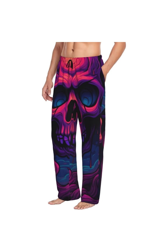 Mens Pajama Pants Bottoms with Pockets - Purple-Red Skull Comfy Mens Pj Pants, Soft Men Lounge Pants