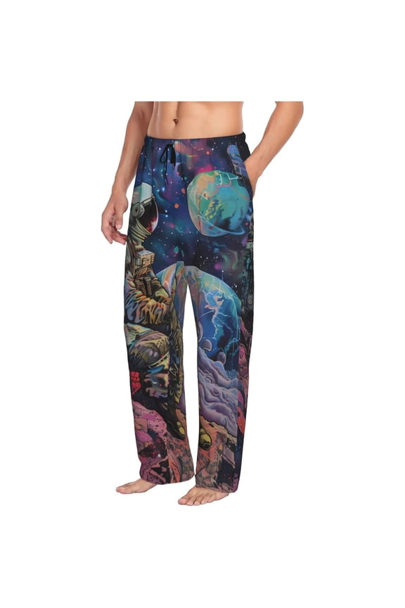 Mens Pajama Pants Bottoms with Pockets - Rainbow Astronaut Space Landscape Comfy Mens Pj Pants, Soft Men Lounge Pants