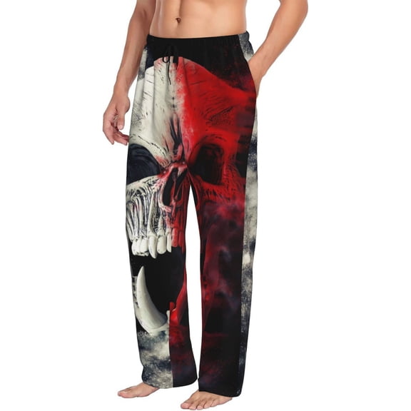 Mens Pajama Pants Bottoms with Pockets - Red And White Screaming Demon Skull Comfy Mens Pj Pants, Soft Men Lounge Pants