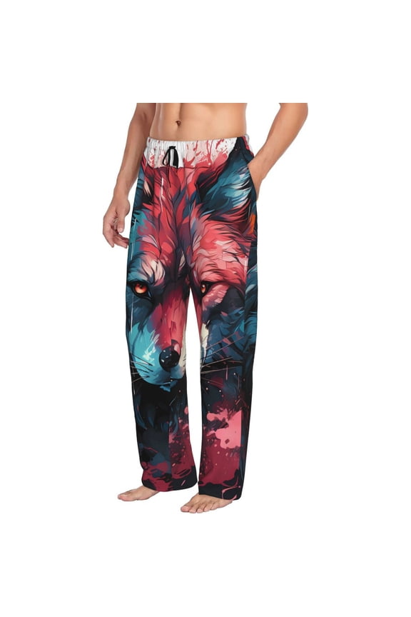 Mens Pajama Pants Bottoms with Pockets - Red Flame Wolf Head Comfy Mens Pj Pants, Soft Men Lounge Pants