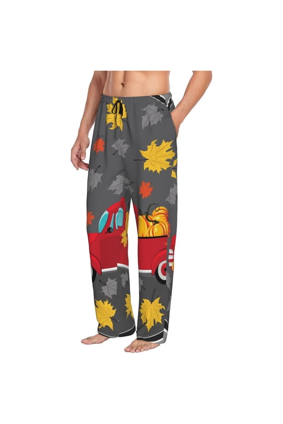 Mens Pajama Pants Bottoms with Pockets - Red Pickup Truck With Pumpkins Comfy Mens Pj Pants, Soft Men Lounge Pants