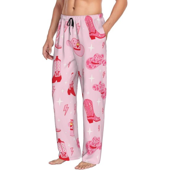 Mens Pajama Pants Bottoms with Pockets - Retro pink Cowgirl boots hat Comfy Mens Pj Pants, Soft Men Lounge Pants