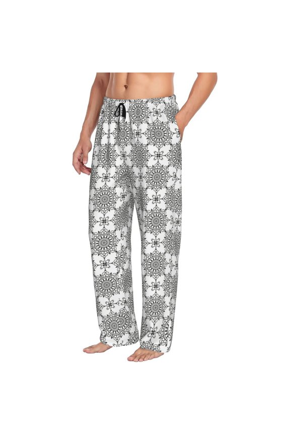 Mens Pajama Pants Bottoms with Pockets - Retro sketch flower lines Comfy Mens Pj Pants, Soft Men Lounge Pants