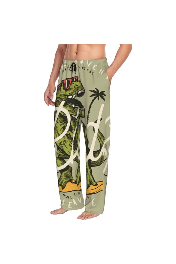 Mens Pajama Pants Bottoms with Pockets - Ride The Wave Dinosaur Surfer Comfy Mens Pj Pants, Soft Men Lounge Pants
