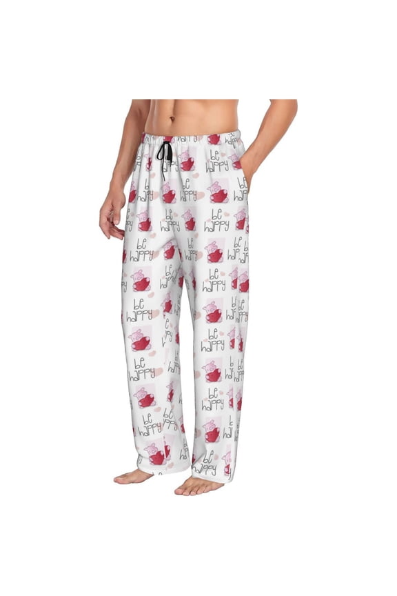 Mens Pajama Pants Bottoms with Pockets - Romantic Loving Cute Pig Comfy Mens Pj Pants, Soft Men Lounge Pants