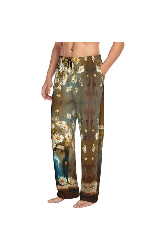 Mens Pajama Pants Bottoms with Pockets - Rustic Daisy Mason Jars Comfy Mens Pj Pants, Soft Men Lounge Pants