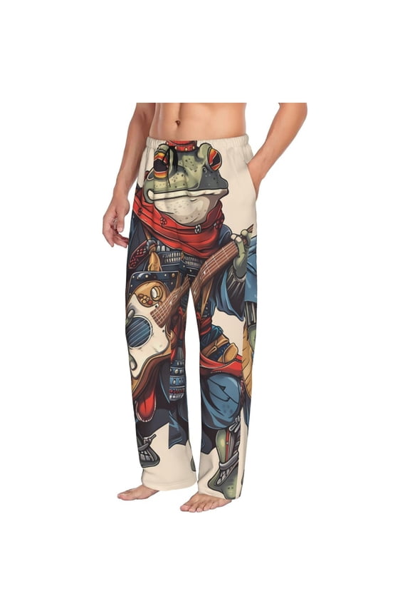 Mens Pajama Pants Bottoms with Pockets - Samurai Frog Guitar Comfy Mens Pj Pants, Soft Men Lounge Pants
