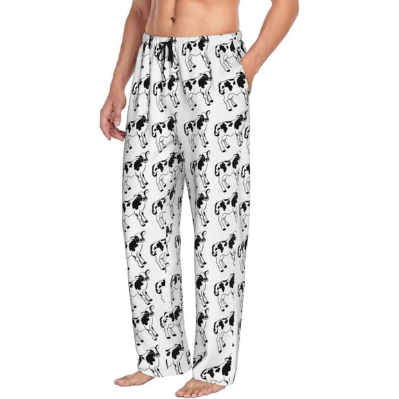 Mens Pajama Pants Bottoms with Pockets - Simple Draw Cartoon Black White Cow Comfy Mens Pj Pants, Soft Men Lounge Pants