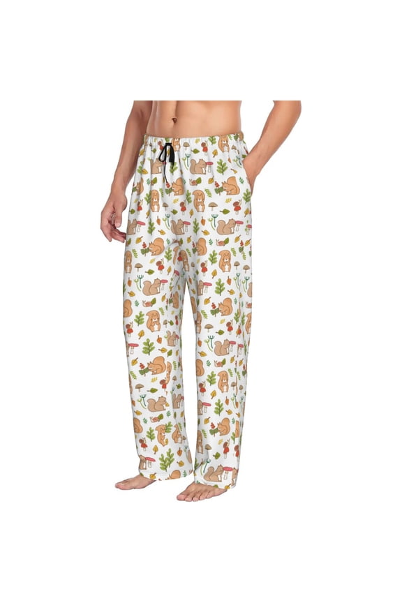 Mens Pajama Pants Bottoms with Pockets - Simple Drawing Cute Squirrel Comfy Mens Pj Pants, Soft Men Lounge Pants