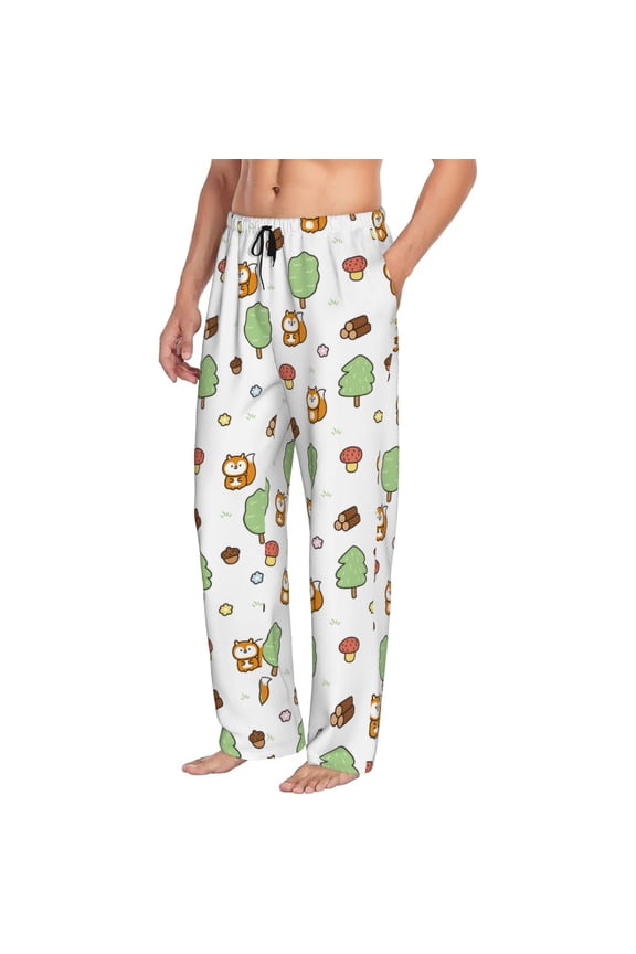 Mens Pajama Pants Bottoms with Pockets - Simple Drawing Cute Squirrel Tree Comfy Mens Pj Pants, Soft Men Lounge Pants