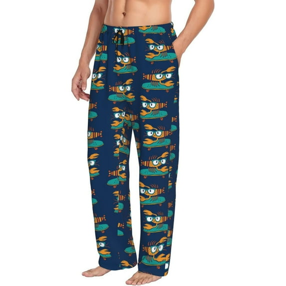 Mens Pajama Pants Bottoms with Pockets - Skateboard Rides Cartoon Lobster Comfy Mens Pj Pants, Soft Men Lounge Pants