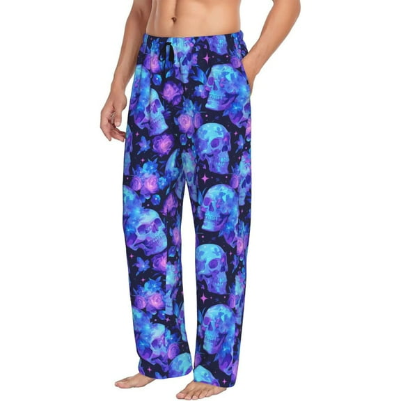 Mens Pajama Pants Bottoms with Pockets - Skull flower star sky Comfy Mens Pj Pants, Soft Men Lounge Pants