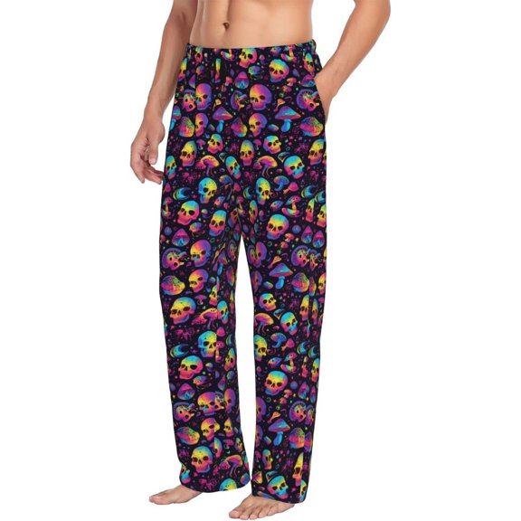 Mens Pajama Pants Bottoms with Pockets - Skull mushroom rainbow color Comfy Mens Pj Pants, Soft Men Lounge Pants