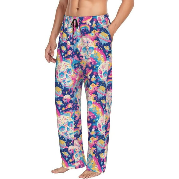 Mens Pajama Pants Bottoms with Pockets - Skull rainbow color space Comfy Mens Pj Pants, Soft Men Lounge Pants