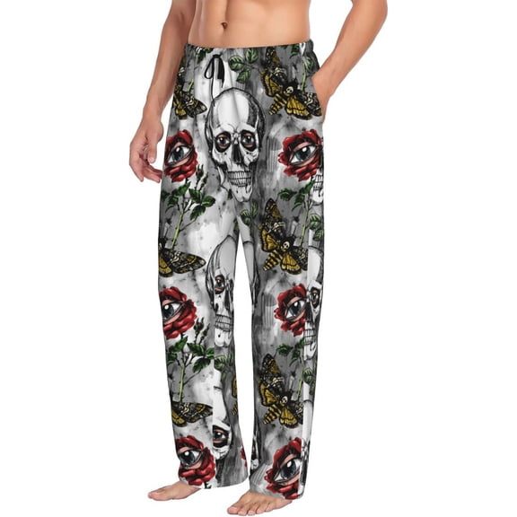 Mens Pajama Pants Bottoms with Pockets - Skulls Roses Comfy Mens Pj Pants, Soft Men Lounge Pants