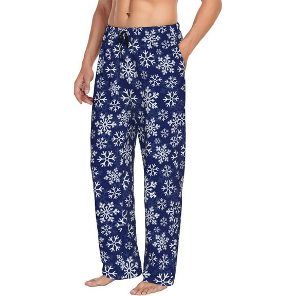 Mens Pajama Pants Bottoms with Pockets - Snowflakes On Dark Blue Comfy Mens Pj Pants, Soft Men Lounge Pants
