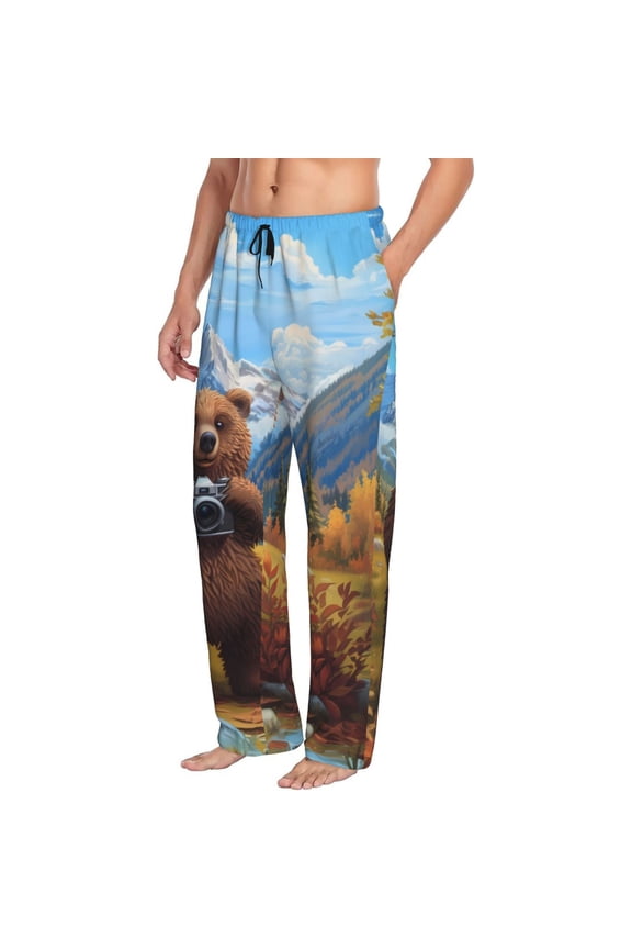 Mens Pajama Pants Bottoms with Pockets - Snowy Mountain Photography Bear Comfy Mens Pj Pants, Soft Men Lounge Pants