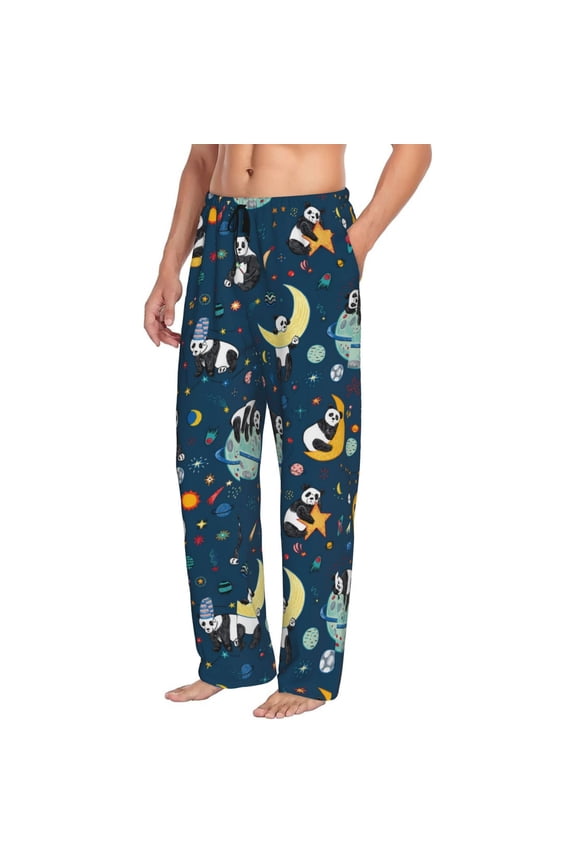 Mens Pajama Pants Bottoms with Pockets - Space Sleeping Panda Comfy Mens Pj Pants, Soft Men Lounge Pants