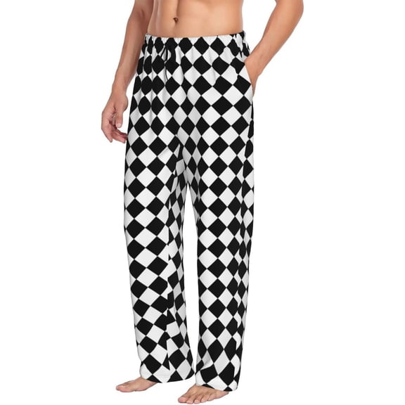 Mens Pajama Pants Bottoms with Pockets - Square Black White Plaid Comfy Mens Pj Pants, Soft Men Lounge Pants