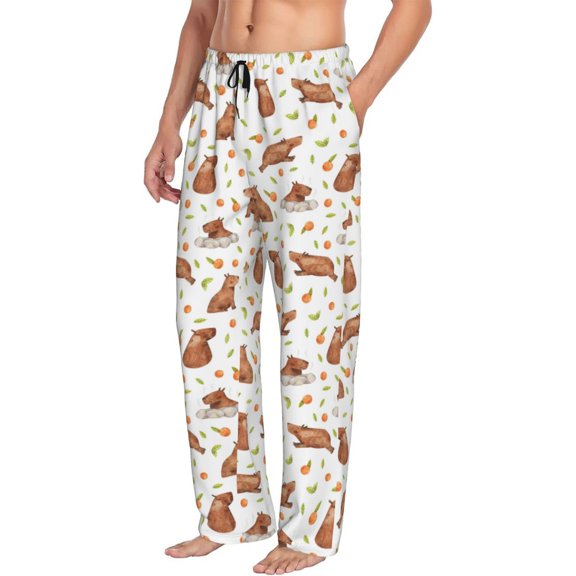 Mens Pajama Pants Bottoms with Pockets - Tangerine Capybara Print Comfy Mens Pj Pants, Soft Men Lounge Pants