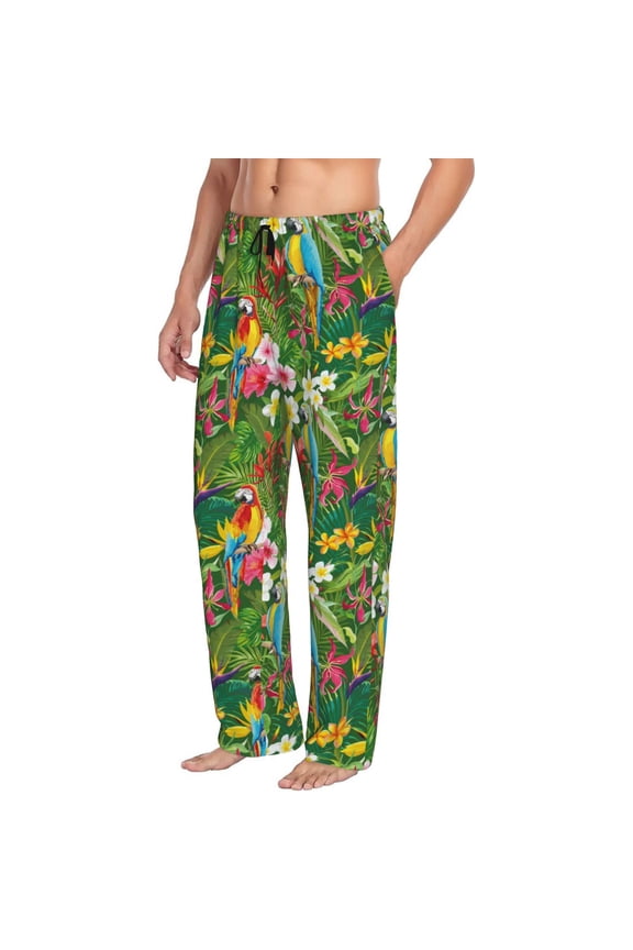 Mens Pajama Pants Bottoms with Pockets - Tropical Colorful Parrot Plant Comfy Mens Pj Pants, Soft Men Lounge Pants