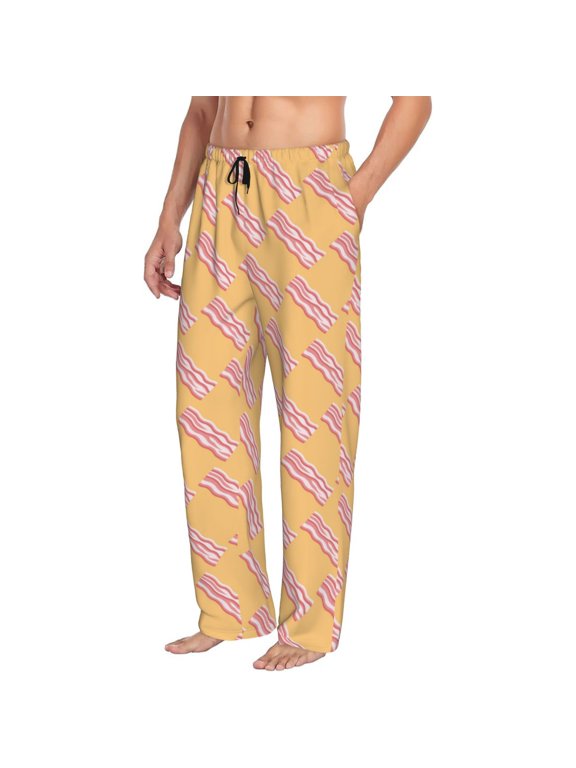 Mens Pajama Pants Bottoms with Pockets - Twill Bacon Print Yellow Comfy Mens Pj Pants, Soft Men Lounge Pants