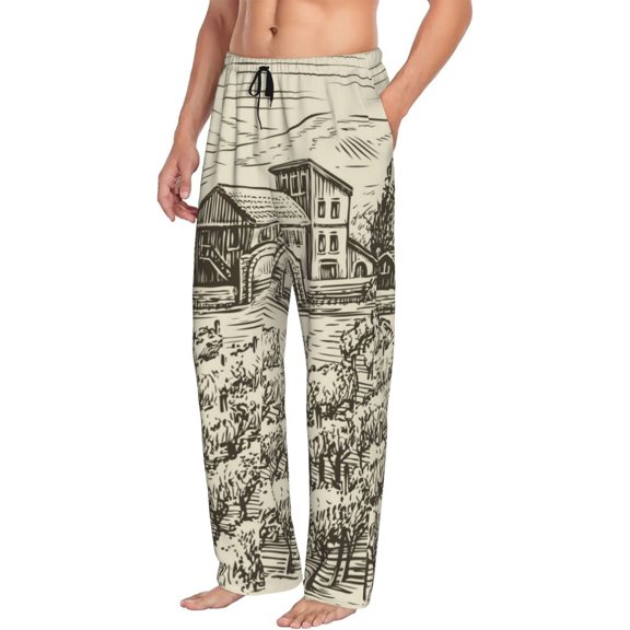 Mens Pajama Pants Bottoms with Pockets - Vineyard Landscape Comfy Mens Pj Pants, Soft Men Lounge Pants