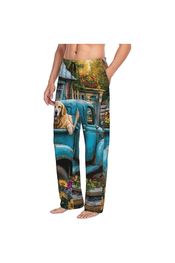 Mens Pajama Pants Bottoms with Pockets - Vintage Pickup Sunflower Dog Comfy Mens Pj Pants, Soft Men Lounge Pants