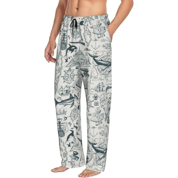 Mens Pajama Pants Bottoms with Pockets - Vintage Sailboats Comfy Mens Pj Pants, Soft Men Lounge Pants