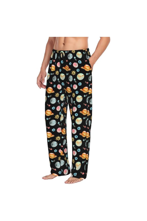 Mens Pajama Pants Bottoms with Pockets - Watercolor Space Planets Comfy Mens Pj Pants, Soft Men Lounge Pants